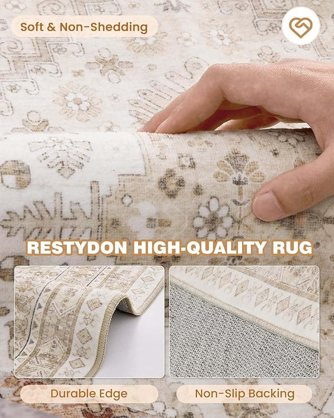 Washable Runner Rug 2.5x16, Non-Slip Long Kitchen Mats for Floor, Vintage Rug for Entryway, Soft Hallway Runner for Dining Room, Bedroom, Living Room(Cream/Beige,2.5'x16')