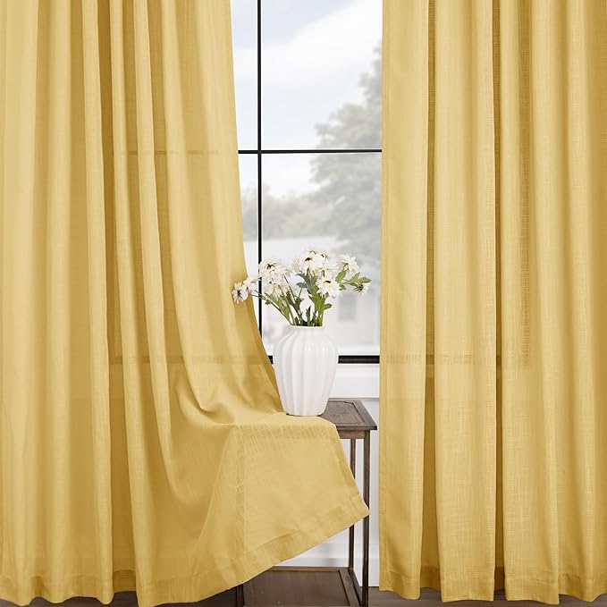 Gold Curtains for Living Room Back Tab Modern Farmhouse Semi Sheer Curtains 102 inches Long 2 Panels Set Muted Neutral Window Curtain for Dining Room Bedroom 52x102