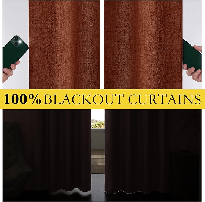 NICETOWN 100% Absolutely Blackout Linen Curtains with Thermal Insulated Liner, 62" Wide, 2 Panels, 108" Long Drapes, Grommet Retro Burnt Orange Linen Curtains Vertical Drapes Privacy for Bedroom