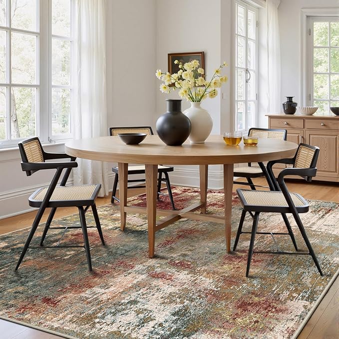 Washable Area Rugs Square 7ft Non-Slip Modern Abstract Soft for Living Room Entryway Bedroom Nursery, Print Pattern, Brown Rust Red Green Blue Multi