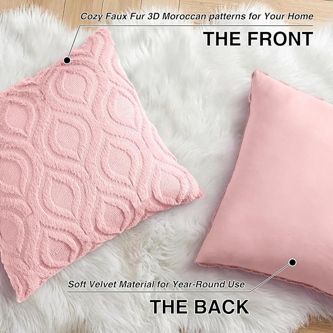 decorUhome Throw Pillow Covers 18x18 Inch Set of 2, Soft Plush Faux Wool Pink Solid Couch Pillow Covers, Accent Farmhouse Neutral Square Pillow Cases for Sofa Bed Living Room