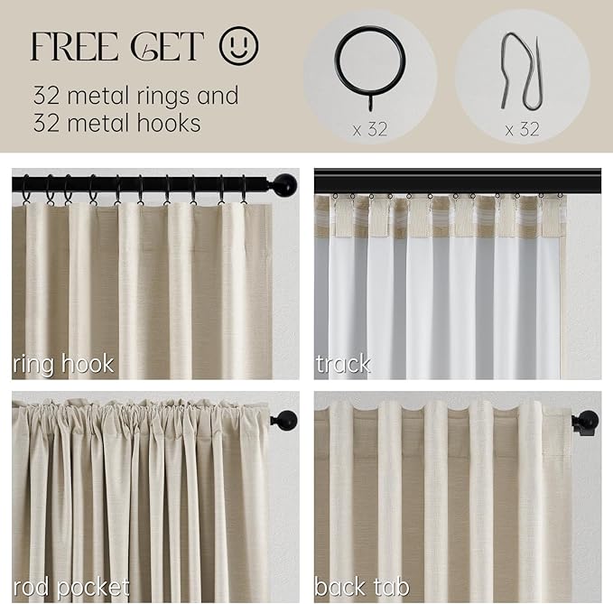 Topfinel Beige White 100% Blackout Curtains 72 Inches Long 2 Panels for Bedroom Natural Linen Heavy Insulated Bay Window Curtains Modern Neutral Drapes for Bedroom/Cabin/Kitchen (W52 x L72)