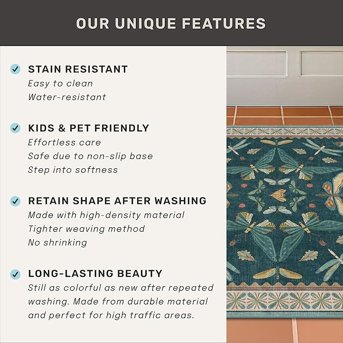 Hazo Haus Teal Green Living Room Rugs - 10x14 Large Area Rug for Dining Room, Big Bedroom, Playroom Kids, Foldable Insect Décor