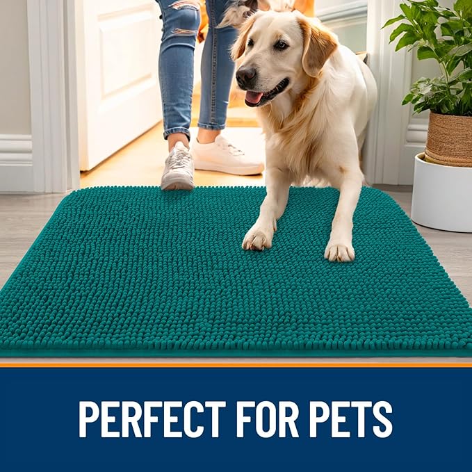 OLANLY Dog Door Mat for Muddy Paws 40x32, Absorbs Moisture and Dirt, Absorbent Non-Slip Washable Doormat, Quick Dry Chenille Mud Mat for Dogs, Entry Indoor Entryway Carpet for Inside Floor, Lake Blue