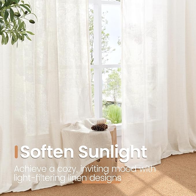 BGment 48 Inch Length Natural Linen Curtains for Short Living Room Window - Ivory Semi Sheer Textured Drapes Light Filtering with Rod Pocket for Bathroom Bedroom Lightweight, 2 Panels, 42 X 48 Inch