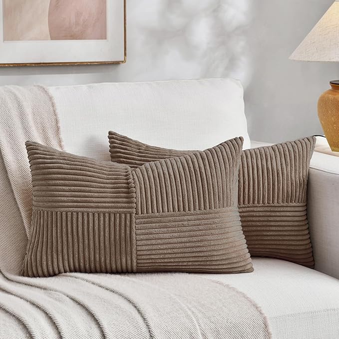 Fancy Homi Set of 2, Light Brown Patchwork Corduroy Decorative Soft Striped Modern Accent Cushion Case Farmhouse Boho Neutral Throw Pillow Covers for Chair Couch Bed Sofa Living Room 32x16 Inch