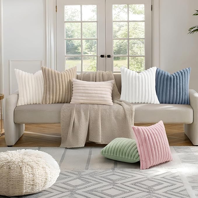 decorUhome Summer Cozy Faux Fur Throw Pillow Covers 22x22 Set of 2 Decorative Plush Striped Modern Farmhouse Boho Couch Euro Sham Pillow Cases with Velvet Back for Sofa Bed Living Room, Sage Green