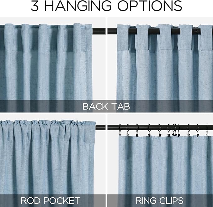 Nanspring Blue Curtains 132 Inches Long 2 Panels for Living Room Back Tab Rod Pocket Semi Sheer Linen Drapes Neutral Room Decor Blue Curtain Ceiling to Floor Length for Dining Room 52x132