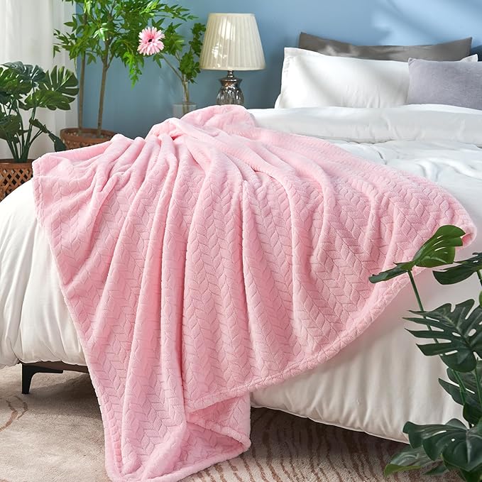 inhand Pink Fleece Twin Blanket, Super Soft Flannel Cozy Blankets for Adults, Lightweight Leaves Pattern Fuzzy Blanket for Couch Sofa Bed Office, Warm Plush Blankets for All Season, 60x90 Inches