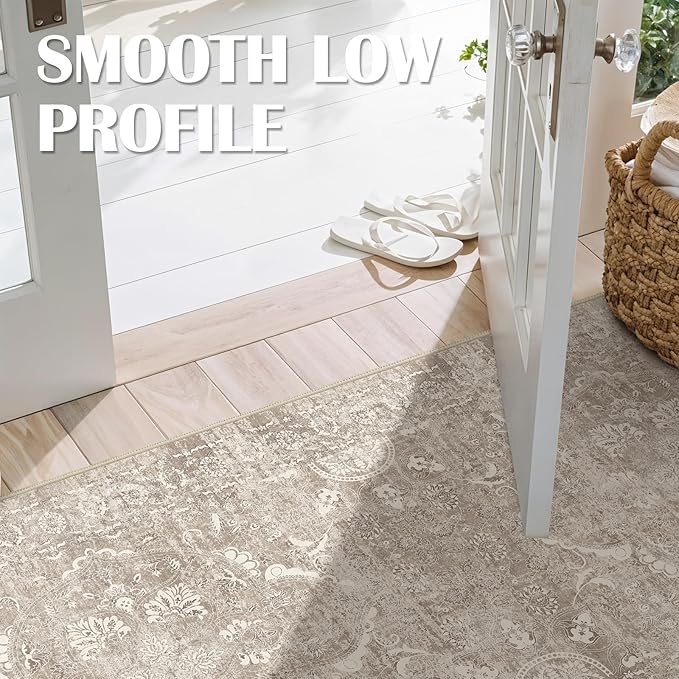 Hallway 3x10 Runner Rug - Vintage Non-Slip Long Rug for Entryway Low-Pile Washable Medallion Runner Rugs Waterproof Traditional Runner Rug Indoor Thin Rug for Kitchen (Distressed Beige & Ivory)