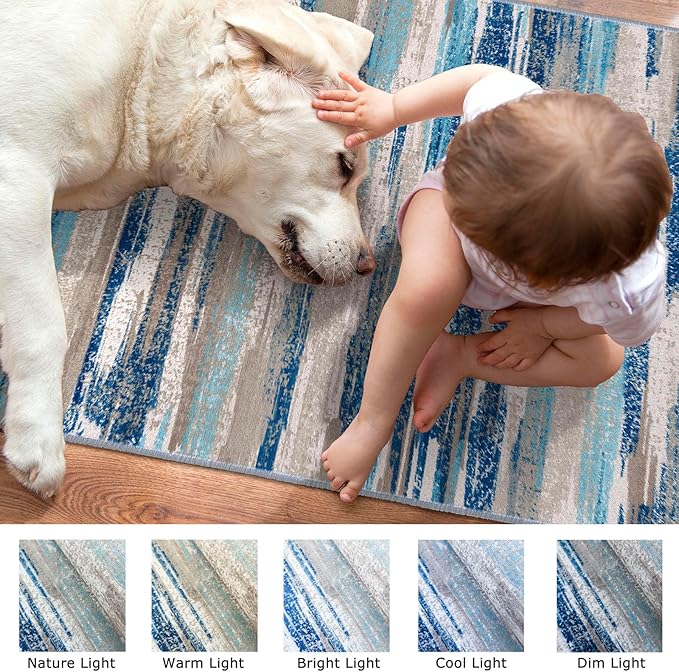 Lansny Modern Abstract Runner Rug 3x10, Blue Washable Kitchen Runner Non-Slip Soft Hallway Rug Runner Thin Print Faux Wool Carpet for Entryway Bedroom Laundry Room Indoor Home Office Decor