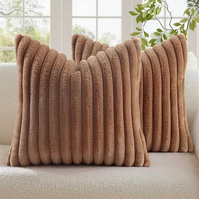 decorUhome Cozy Faux Fur Throw Pillow Covers 24x24 Set of 2 Decorative Soft Plush Striped Modern Farmhouse Boho Couch Euro Sham Pillow Cases with Velvet Back for Sofa Bed Living Room, Brown