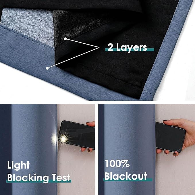 ChrisDowa 100% Blackout Curtains 63 inch Long for Bedroom with Black Liner, 2 Thick Layers Total Blackout Thermal Insulated Grommet Window Curtains 2 Panels Set (Stone Blue, 38 x 63 Inch)