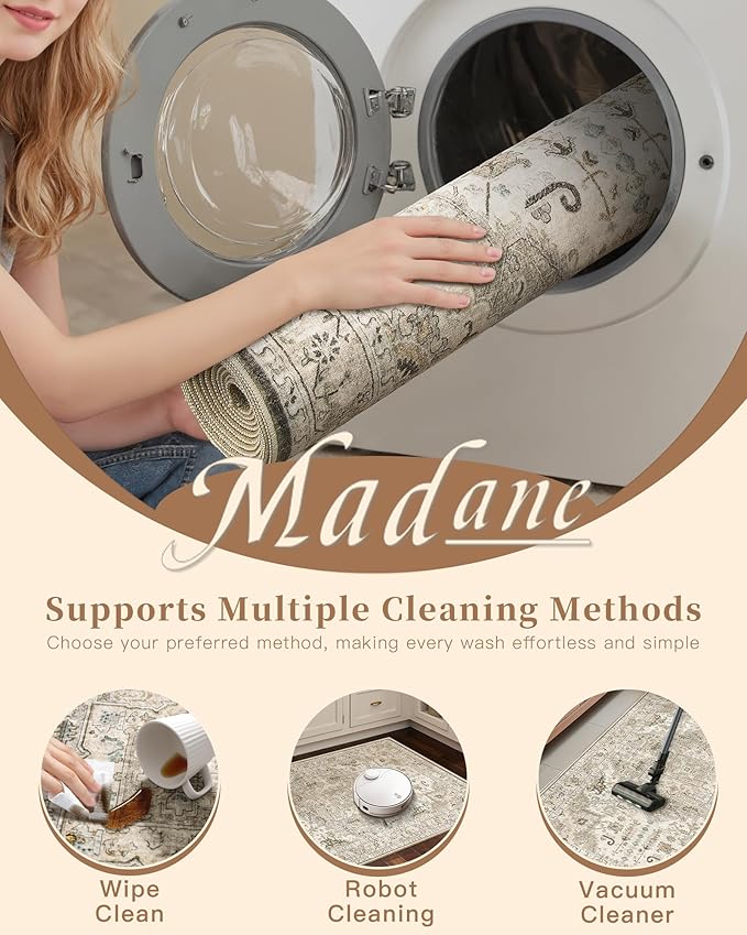 Madane Hallway Runner Rug - 2x5 Rug Runner Washable Runner Rugs Non-Slip Low-Pile Kitchen Runner Rug Laundry Room Rug Throw Carpet for Entrance Bedroom Living Room (2'x5', Ivory/Brown)