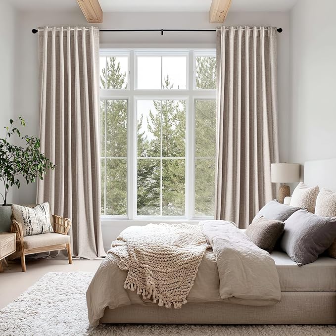 MIULEE 100% Blackout Linen Curtains for Bedroom, Khaki Solid Luxury Decor Thermal Insulation Room Darkening Drapes for Living Room Nursery Back Tab Rod Pocket 42 x 96 Inches, 2 Panels