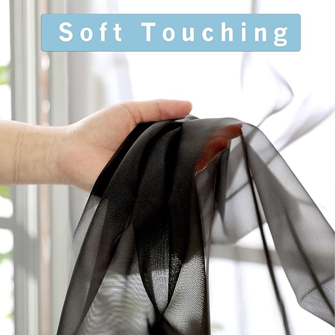 OWENIE Black Sheer Curtains, Sheer Curtains 63 inch Length 2 Panels Set, Rod Pocket Voile Fimly Sheer Drapes for Living Room/Bedroom, 2pcs, Each 42" W x 63" L, Black