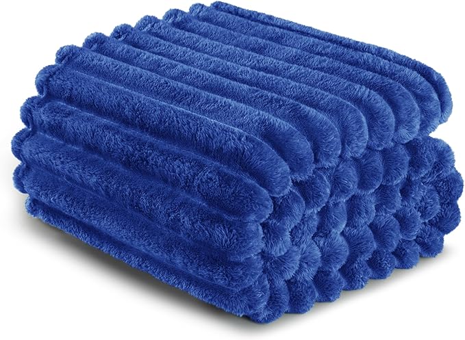 Exclusivo Mezcla Queen Size Flannel Fleece Blanket, Super Soft Striped Jacquard Bed Blanket, Lightweight Fuzzy Cozy for All Seasons, 90x90 Inches, Cobalt Blue