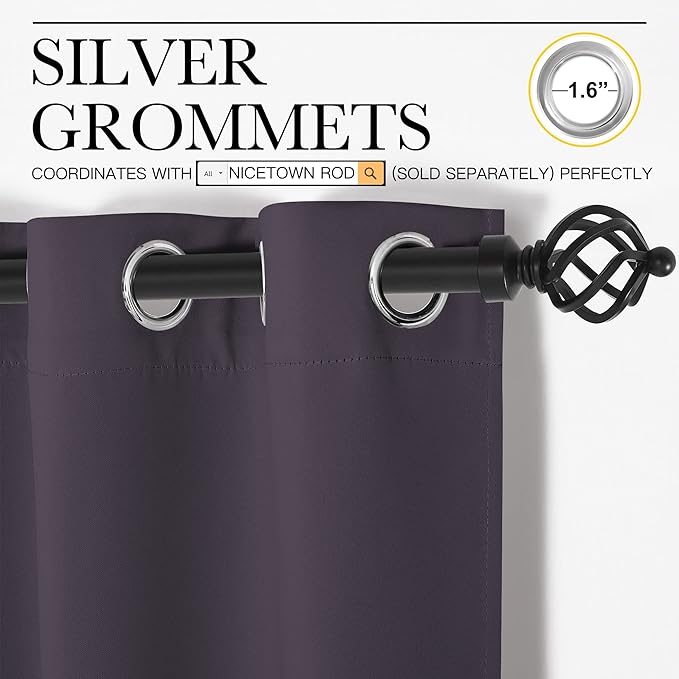 NICETOWN Blackout Window Curtains 70" L, 2 Panels, 34 inch, Greyish Purple, Grommet Top Room Darkening Thermal Insulated Vertical Window Drapes Modern for Flat/Apartment