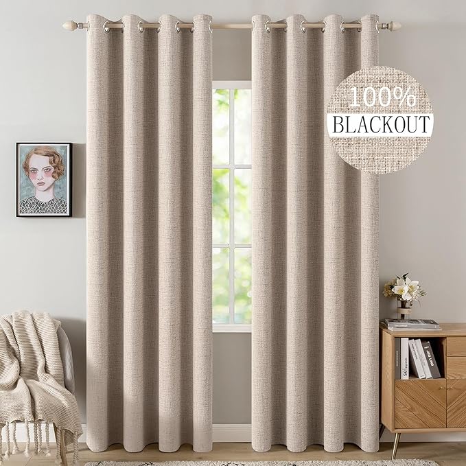 MIULEE 100% Blackout Linen Textured Curtains for Bedroom Solid Thermal Insulated Natural Beige Grommet Room Darkening Curtains & Drapes Luxury Decor for Living Room Nursery 52 x 95 Inch (2 Panels)