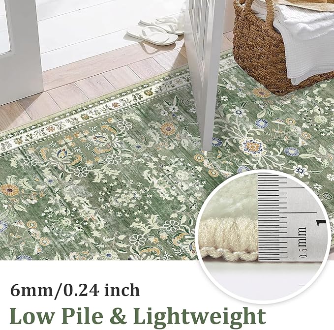 Yamaziot Washable Area Rug 5x7 – Non-Slip Boho Floral Living Room Rug with Rubber Backing, Low Pile Distressed Carpet for Bedroom, Living Room, Dining Room, Green