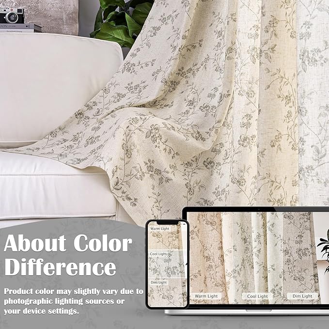 Lazzzy Grey Floral Linen Curtains 96 Inch Farmhouse Back Tab Drapes for Living Room Bedroom Light Filtering Vintage Grandmillennial Rod Pocket Curtains, 2 Panels, W38 x L96, Grey on Beige