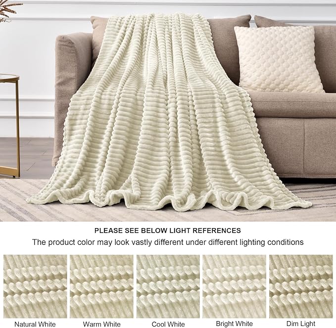 BEDELITE Fleece Blanket King Size – 3D Ribbed Jacquard Soft and Warm Decorative Fuzzy Blankets – Cozy, Fluffy, Plush Lightweight Throw Blankets for Couch, Bed, Sofa(Beige, 108x90 inches)