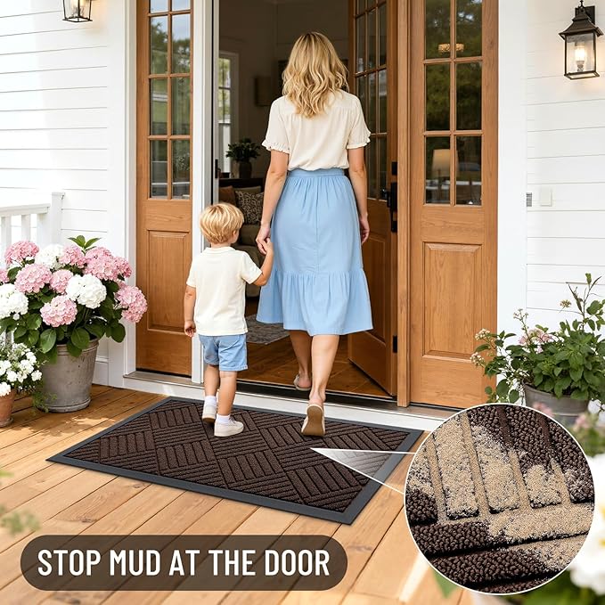 OLANLY Front Door Mat Outside Entrance 33x21, Absorbent, Heavy Duty Sturdy Natural Rubber Doormat Indoor Outdoor, Stain and Fade Resistant, Non-Slip Low Profile Floor Mat for Entryway, Brown Diamond