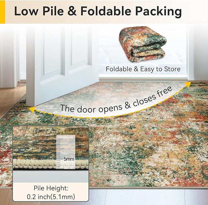 Washable Area Rugs 8ft Non-Slip Modern Abstract Soft for Living Room Entryway Bedroom Nursery, Print Pattern, Green Orange Rust Red Cream Colorful