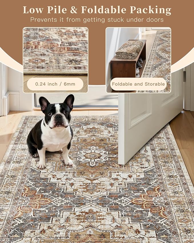Madane Washable Area Rug 2x4, Small Entryway Rug Non-Slip Vintage Door Mat Indoor Entrance, Low Pile Floor Carpet Runner for Inside Front Door Kitchen Entry Laundry, Turmeric/Grey