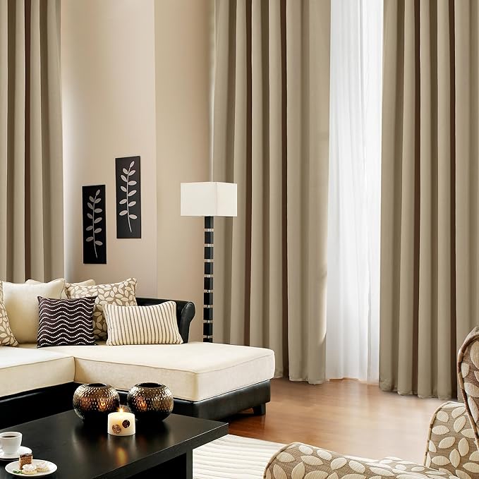 Deconovo Solid Back Tab and Rod Pocket Curtains Thermal Insulated Blackout Window Curtains for Kitchen 52Wx54L Inch Khaki 2 Panels