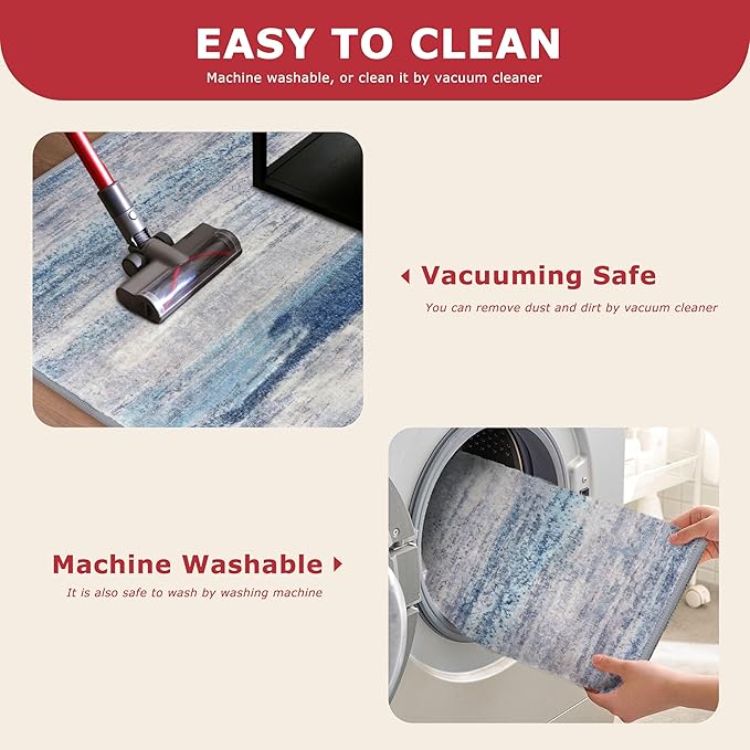 KOZYFLY Modern Abstract Washable Rug Runner 2.6x10 Hallway Rug Runner Non-Slip Soft Kitchen Runner Rugs, Blue/Grey/Beige Striped Carpet for Entryway Bathroom Laundry Room Foyer
