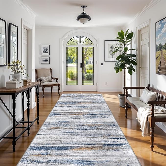 4x8 Wide Washable Runner Rug: Easy-to-Clean Runners for Hallway Entryway Kitchen Bedroom Living Room - Stain and Water Resistant Rugs with Non-Slip Backing - Soft Low-Pile Carpet Navy Grey