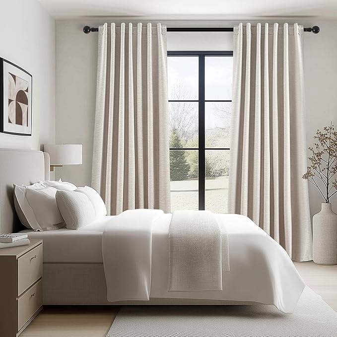 Topfinel Linen Beige Blackout Curtains 84 Inch Long 2 Panels,Linen Blend Aesthetic Heat and Cold Blocking Thermal Drop Cloth Traverse Curtains for Living Room Bedroom,Oatmeal