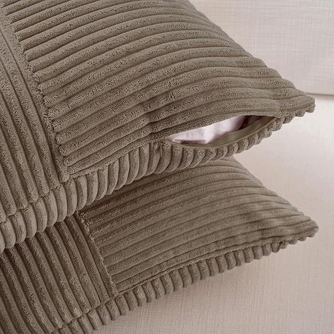 Fancy Homi Set of 2, Light Brown Patchwork Corduroy Decorative Soft Striped Modern Accent Cushion Case Farmhouse Boho Neutral Throw Pillow Covers for Chair Couch Bed Sofa Living Room 28x28 Inch