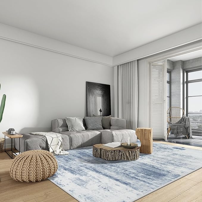 8x10 Area Rugs Washable Rug: Modern Abstract Living Room Rug Soft Anti-Skid Thin Carpet Indoor Floor Non-Shedding Carpets for Bedroom Dining Room Farmhouse Nursery Home Office Blue White