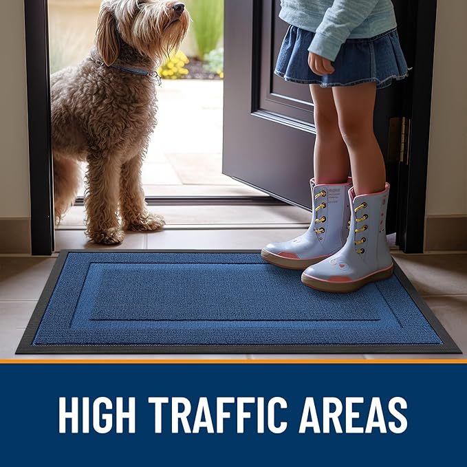 OLANLY Front Door Mat Indoor Outdoor Entrance, Waterproof All-Season, All-Weather Doormat, Sturdy Natural Rubber, Low Profile, Easy Clean Patio Porch Entryway Mat, 59x23, Navy Blue