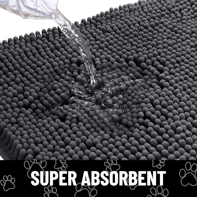 Smiry Dog Door Mat for Muddy Paws, Absorbent Dirt Trapper Non Slip Quick Dry Washable Chenille Mat for Mud Dogs, Entry Rug for Indoor and Outdoor (44x32 Inches, Dark Grey and White)