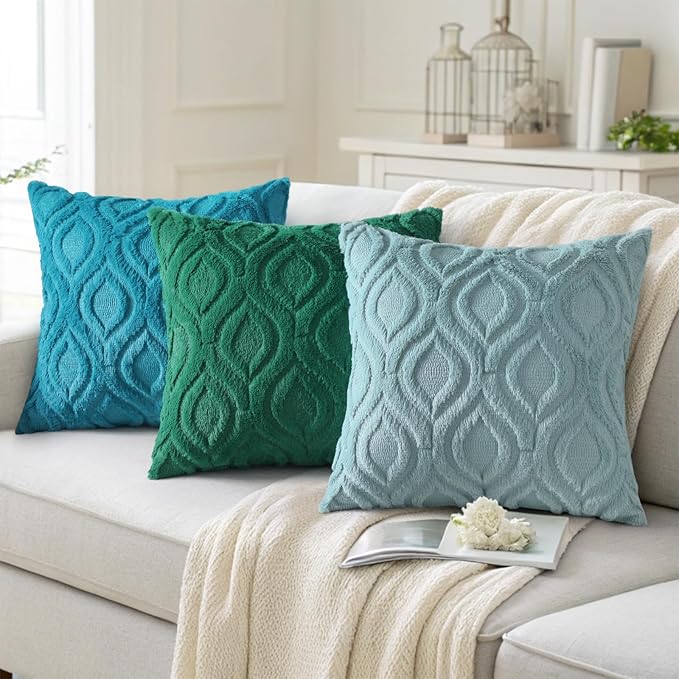 decorUhome Throw Pillow Covers 24x24 Inch Set of 2, Soft Plush Faux Wool Green Solid Couch Pillow Covers, Accent Euro Sham Farmhouse Neutral Square Pillow Cases for Sofa Bed Living Room