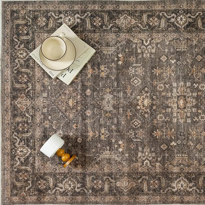 6x6 Washable Round Rug for Living Room Bedroom Vintage Brown Carpet Soft Low Pile Traditional Retro Non Slip Cirlce Rug for Dining Room Entryway Indoor Dorm Kitchen