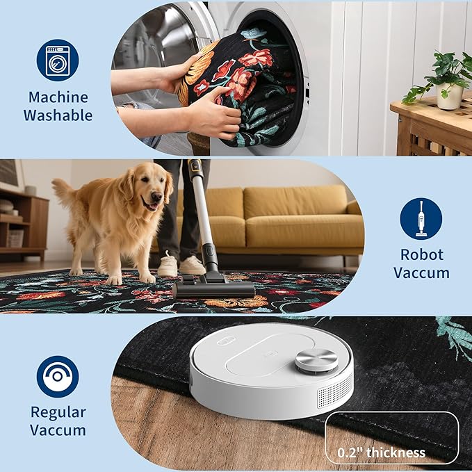 GarveeHome Washable Rug 4x6 Area Rugs for Living Room, Floral Rug for Bedroom, Soft Boho Non Slip Throw Rugs with Rubber Back, Low Pile Stain Resistant Vintage Floral Carpet for Dining Room, Black