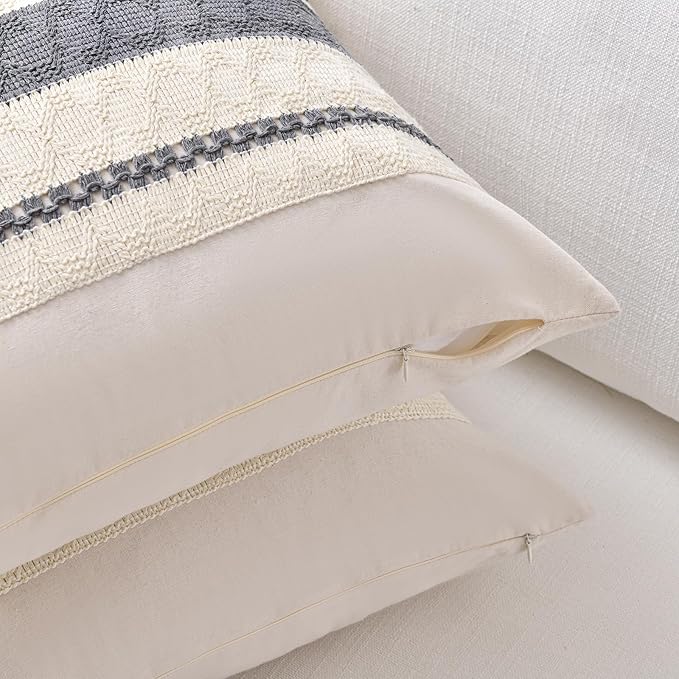 Fancy Homi Set of 1 Neutral Grey Farmhouse Decorative Throw Pillow Covers 18x18 Inch for Couch Bed Chair Indoors, Vintage Country Rustic Retro Room Decor, Soft Thick Cotton Handmade Woven Cushion Case