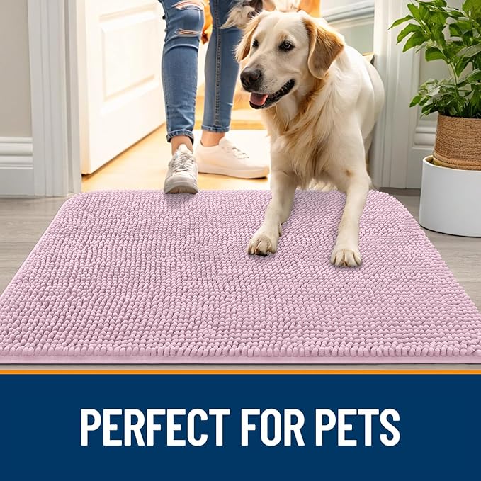 OLANLY Dog Door Mat for Muddy Paws 35x24, Absorbs Moisture and Dirt, Absorbent Non-Slip Washable Doormat, Quick Dry Chenille Mud Mat for Dogs, Entry Indoor Entryway Carpet for Inside Floor, Dusty Rose