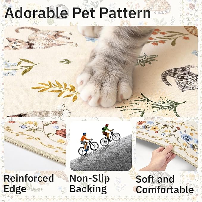 Cat 5x7 Area Rugs for Living Room, Machine Washable Animal Floral Vintage Rug Non-Slip Low Pile Soft Throw Rugs for Kitchen Dining Room Bedroom Nursery Playroom (5 x 7,Beige)
