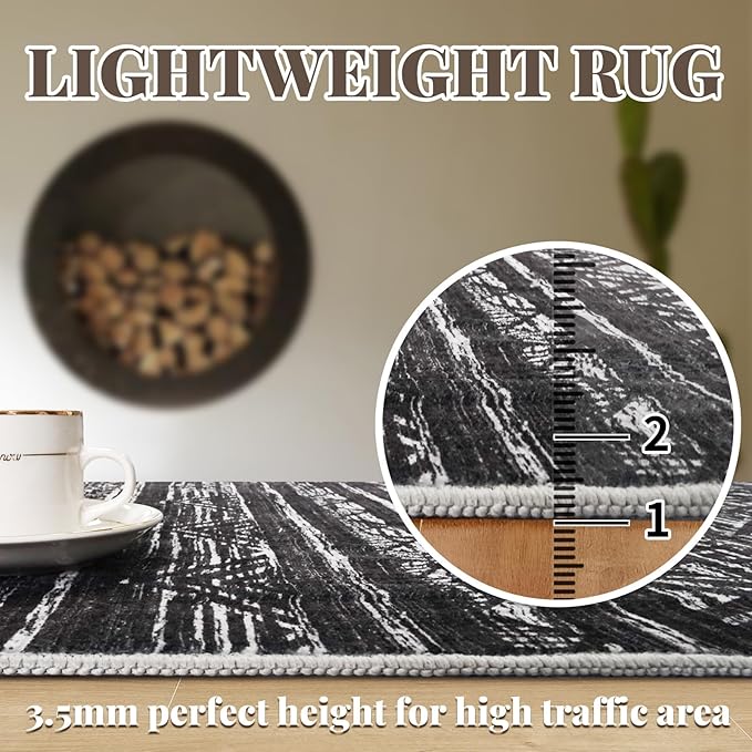 3x18 Washable Kitchen Runner Rug: Modern Moroccan Runners for Hallway Soft Non Slip Rugs with Rubber Backing Low Pile Thin Waterproof Floor Carpet for Entryway Bedroom Bathroom Indoor 3x18 Black
