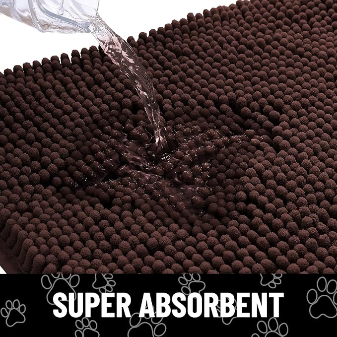 Smiry Dog Door Mat for Muddy Paws, Absorbent Dirt Trapper Non Slip Quick Dry Washable Chenille Mat for Mud Dogs, Entry Rug for Indoor and Outdoor (70x35 Inches, Brown and White)