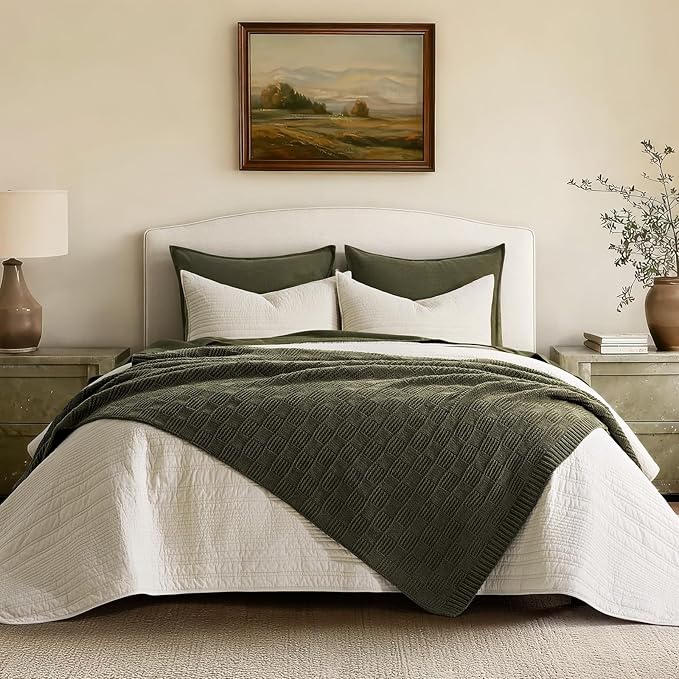 EVERGRACEHOME Modern Checkered Chenille Throw Blanket, Soft Cozy Plaid Knitted Blanket for Sofa & Couch, Decorative Knit Throw for Bed and Living Room, Olive Green, 60" x 80"