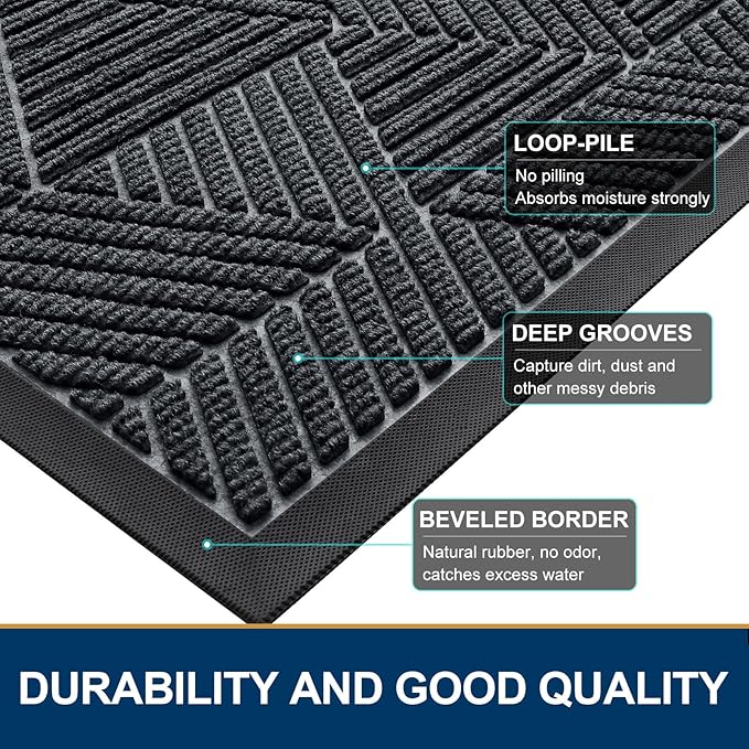 Smiry Half Circle Front Door Mat Outside Entrance, Heavy Duty Sturdy Natural Rubber Doormat, Trap Dirt and Moisture, Low Profile Mats for Indoor Outdoor Entry, Irregular Triangle (47x32, Grey)