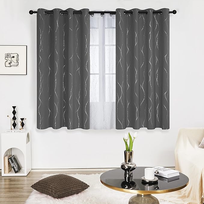Deconovo Grey Blackout Curtains, Room Darkening Thermal Insulated Noise Reducing Drapes, Wave Dots Silver Print, 52 x 63 Inch, Grommet Window Panels for Living Room Bedroom Kids Room, Set of 2