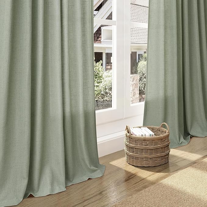 Desert Sage Linen Curtains for Living Room 100 Inches Long Light Filtering Semi Sheer Curtain Back Tab Rustic Farmhouse Decor Elegant Luxury Boho Drapes for Bedroom Dinner Room 52x100, 2 Panels