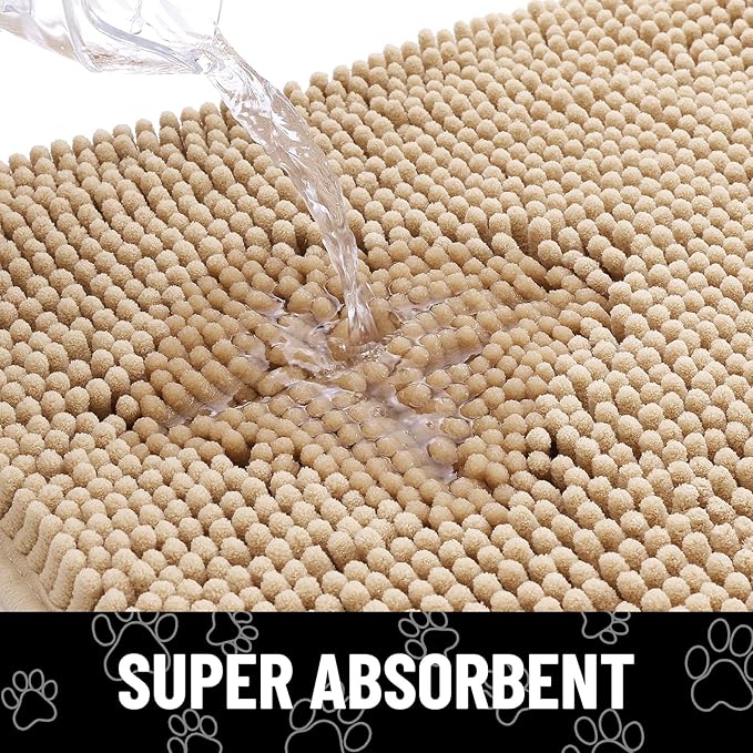 Smiry Dog Door Mat for Muddy Paws, Absorbent Dirt Trapper Non Slip Quick Dry Washable Chenille Mat for Mud Dogs, Entry Rug for Indoor and Outdoor (54x24 Inches, Beige and White)